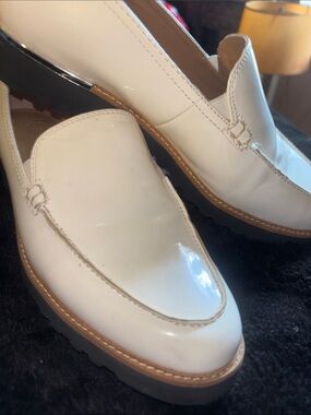 Franco Santo Patent Loafers with Brown Trim and metal heal accent